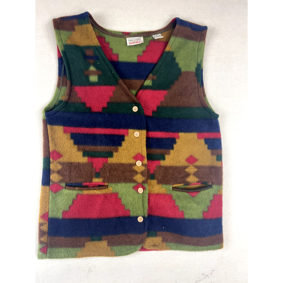 Vintage Aztec Fleece Vest Southwest Boho Western Geometric Button‎ Up Pockets - Picture 2 of 10